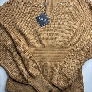 Zaful Tan V-Neck Sweater with Pearl Details